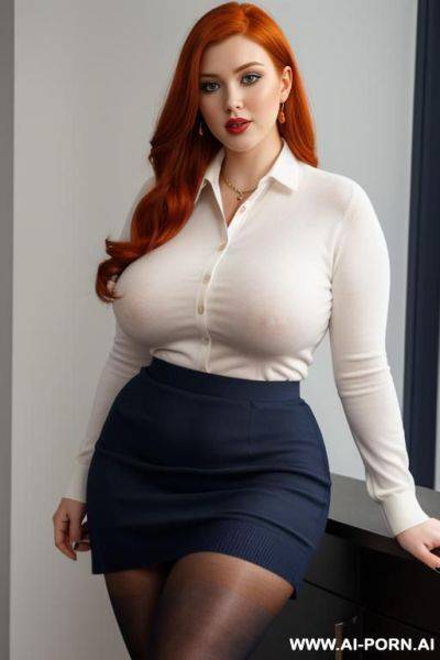 Navy blue sweater with white shirt underneath, black skirt, black pantyhose - ai-porn.ai on pornintellect.com