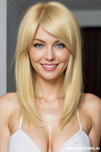 Very wide round face. cheeky grin. big gap between saggy boobs. short stumpy build with wide hips. front hair fringe - ai-porn.ai on pornintellect.com