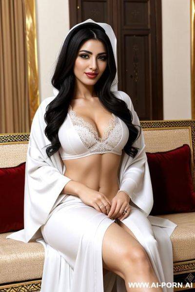 Realistic iraqi woman, happy, beautiful natural boobs, beautiful natural body, black and white royal arab robes, royal arab lingerie, in a harem, on a couch - ai-porn.ai - Iraq on pornintellect.com