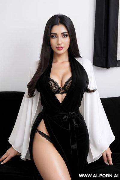 Realistic iraqi woman, happy, beautiful natural boobs, beautiful natural body, black and white royal arab robes, black royal arab lingerie, in a harem, on a couch - ai-porn.ai - Iraq on pornintellect.com