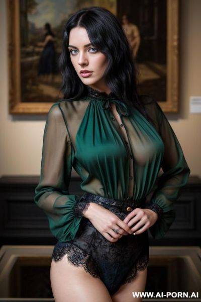 British model, green eyes, museum, dark blue blouse, black hair, perfect breast - ai-porn.ai - Britain on pornintellect.com