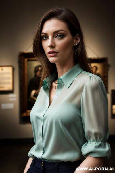 British model, green eyes, museum, blue blouse - ai-porn.ai - Britain on pornintellect.com