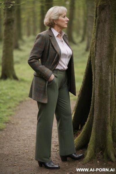 British lady in wildernes, tweedjacket, pants, squatting, side-view - ai-porn.ai - Britain on pornintellect.com