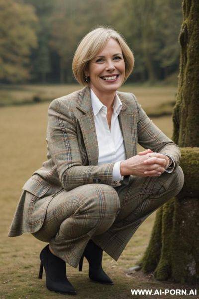 British lady in wildernes, tweedjacket, pants, squatting legs-apart, side-view - ai-porn.ai - Britain on pornintellect.com