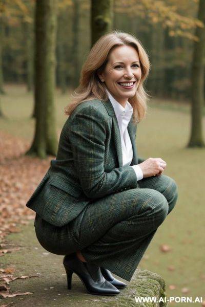 British lady in wildernes, tweedjacket, pants, squatting legs apart, side-view - ai-porn.ai - Britain on pornintellect.com