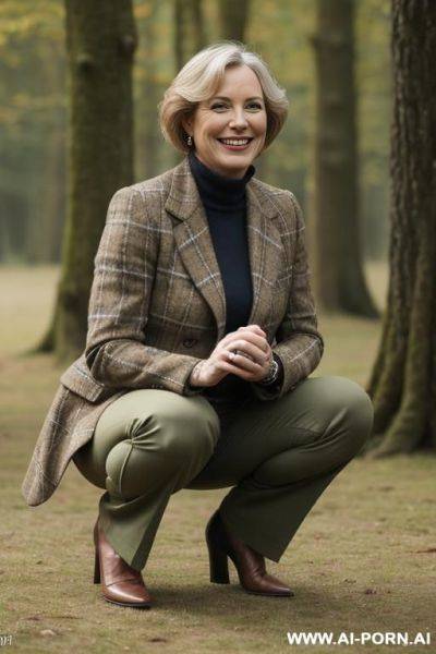 British lady 4 in wildernes, tweedjacket, pants, squatting, side-view - ai-porn.ai - Britain on pornintellect.com