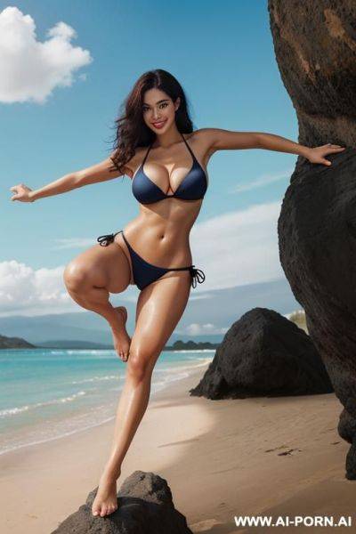 Argentina-french, dark brown eyes, large breast, round face, detailed face, facial dimples, fit, perfect body, narrow waist, dark blue bikini, large butt, round face, large smile, (dark black hair), (wide lips) - ai-porn.ai - France on pornintellect.com