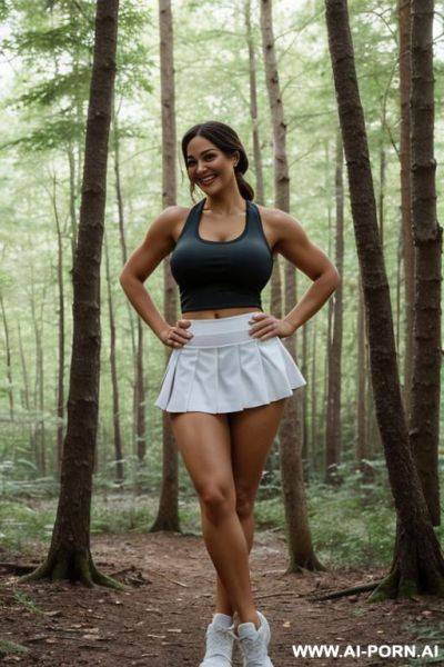Girl, smiling, full body shot, short tight tank top with neckline, very big boobs, athletic body, sports skirt, in the woods - ai-porn.ai on pornintellect.com