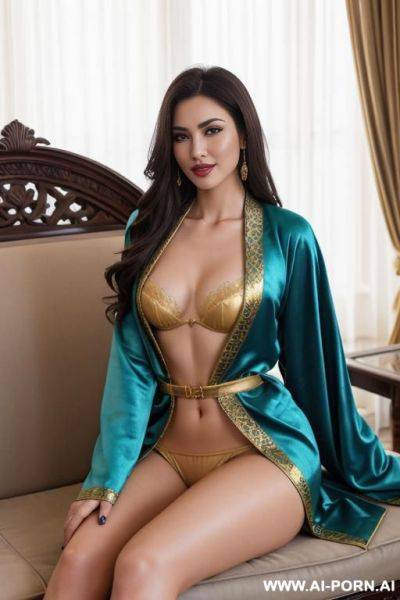 Realistic astrakhan woman, happy, beautiful natural boobs, beautiful natural body, sky-blue royal mongol robes, sky-blue and gold and green royal lingerie, in a harem, on a couch - ai-porn.ai on pornintellect.com