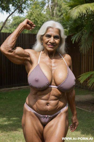 0 years old greying indian beautiful granny, (very old woman), longhair, white hair, ultra , body builder figure, fair skinned, extreme hard tight abs, muscled body, athletic figure, thick thighs - ai-porn.ai - India on pornintellect.com