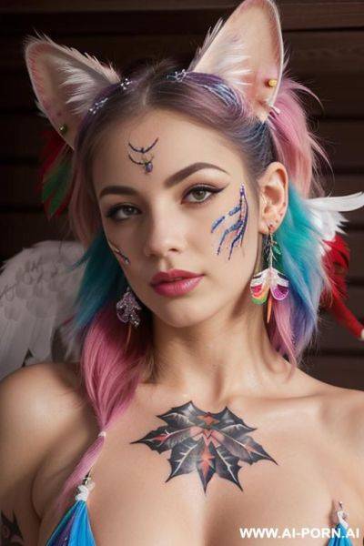 Face, sexy, beautiful, ((face painting)), ((bikini as seashell)), ((tattoo roses)), ((eyes shw)), ((angel wings)), ((rainbow hair)), ((long bu hair)), ((wind)), (( cat face)), (( cat ears)), (((feather - ai-porn.ai on pornintellect.com