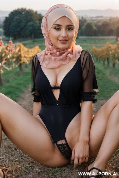 (((wide thighs))), (((thick thighs))), very micro swimsuit, high-cut leotard, (((high cut to the limit))), (((high-cut))), (((very-high-cut))), (((ultra-high-cut))), shoes, full shot view, (((hijab))) - ai-porn.ai on pornintellect.com
