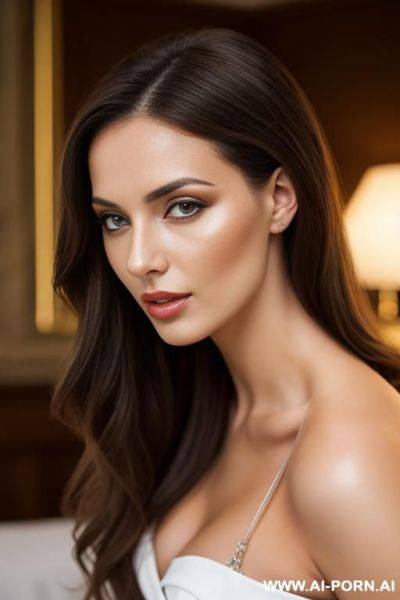 Piekna brunetka w beżowych rajstopach pokazuje cipkę - ai-porn.ai on pornintellect.com