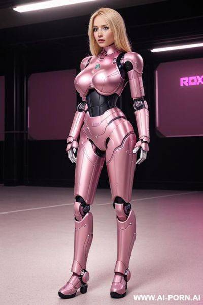 Blonde, full body view, huge robotic tits, fully pink robotic body, athletic body - ai-porn.ai on pornintellect.com
