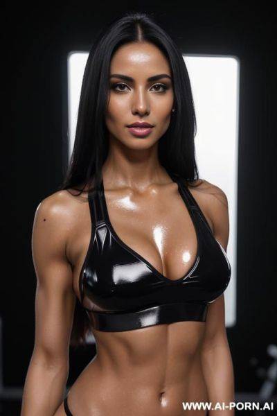(perfect bombshell) (oiled shiny skin) ((black sports bra)) (black straight long hair) (female brunette) (fitness model) (((no panties) )) ((natural boobs)) (eye contact) (shiny skin) (horny) (want to - ai-porn.ai on pornintellect.com
