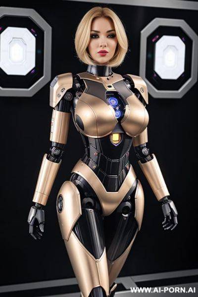 Blonde robot, full body view, (huge robotic tits, battery visible inside chest) - ai-porn.ai on pornintellect.com