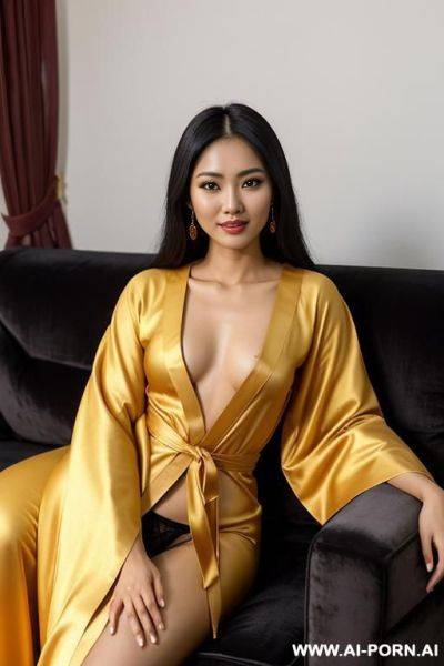 Realistic burmese woman, happy, beautiful natural boobs, beautiful natural body, light saffron mango colored royal robes, black royal lingerie, in a harem, on a couch - ai-porn.ai - Burma on pornintellect.com