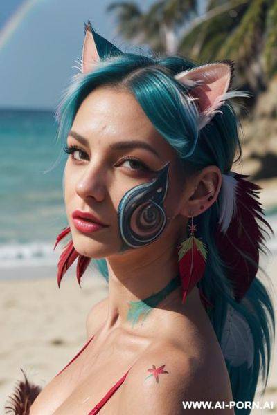 Face, sexy, beautiful, ((face painting)), ((bikini as seashell)), ((tattoo roses)), ((eyes shw)), ((angel wings)), ((rainbow hair)), ((long bu hair)), ((wind)), (( cat face)), (( cat ears)), (((feather - ai-porn.ai on pornintellect.com