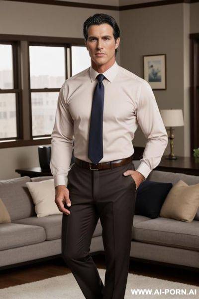 Hot male model, handsome man, dark hair, brown eyes, high cheek bones, stocky, muscular build, wearing dress pants, no shirt, standing in living room, handsome older man, photo realistic, business man. - ai-porn.ai on pornintellect.com