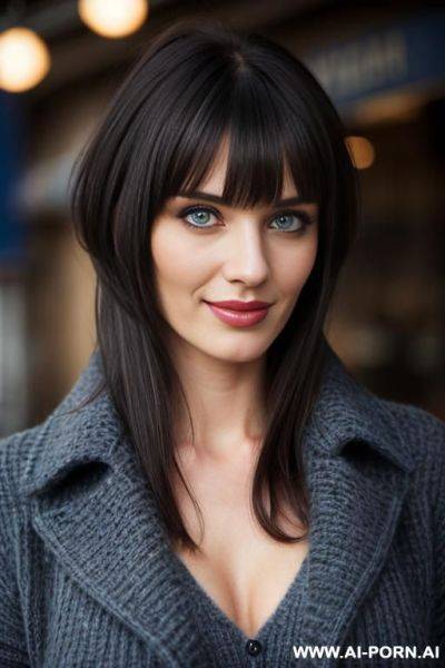 Bright dark blue eyes, woolen grey sweater - ai-porn.ai on pornintellect.com
