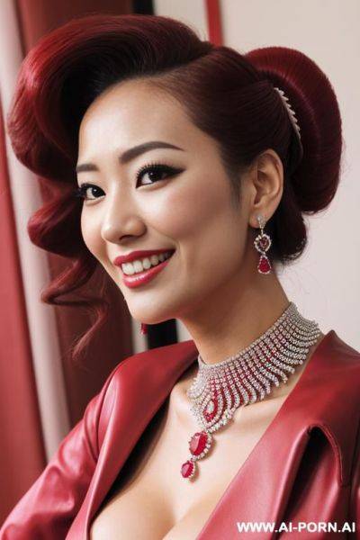 Red high heeled boots, 2, japanese, bride, tall figure, long legs, diamond necklace, fat pink labia, close up of the vagina, orgasmic smile - ai-porn.ai - Japan on pornintellect.com