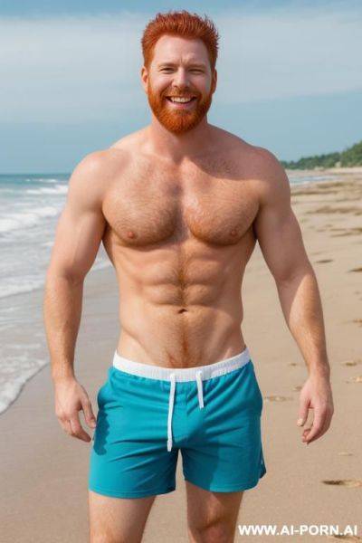 Photo of a red-haired bearded man standing on the beach and smiling. he is in the frame full-length. alone. he has an ice cream cone in his hand, which is already melting and dripping - ai-porn.ai on pornintellect.com