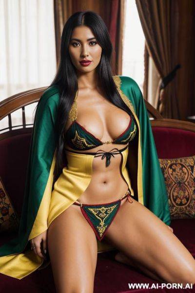 Realistic mapuche woman, happy, beautiful natural boobs, beautiful natural body, red and green and blue royal robes, yellow and black royal lingerie, in a harem, on a couch - ai-porn.ai on pornintellect.com