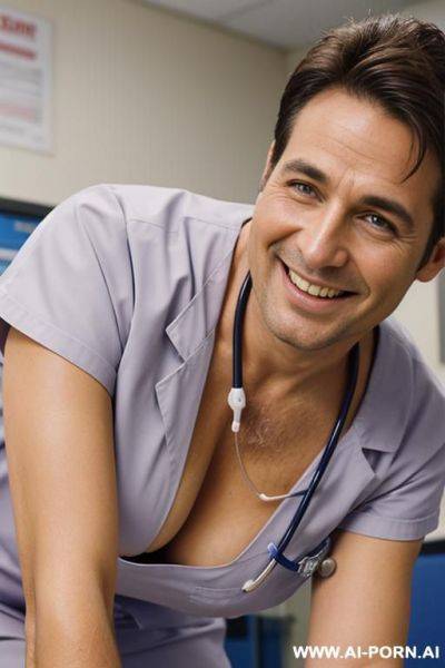 (close up) (nurse) (scrubs) (nip slip) (medical exam room) (bending down on man) (smiling) - ai-porn.ai on pornintellect.com