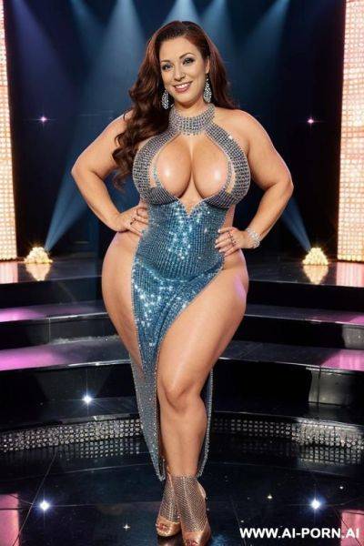 ((keep face)), ((keep body)), wearing blue glitter dress, milf, big saggy breasts, thick bodied, thick thighs, juicy ass, full body view, at strip club, on stripper stage, fuck me eyes, - ai-porn.ai on pornintellect.com
