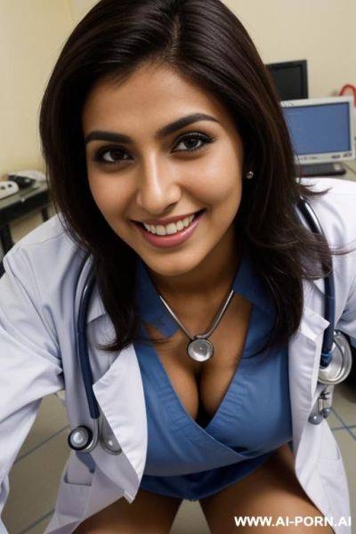 (close up) (tanned pakistani doctor) (scrubs) (nip slip) (medical exam room) (bending down) (smiling) (rubbing penis) - ai-porn.ai - Pakistan on pornintellect.com