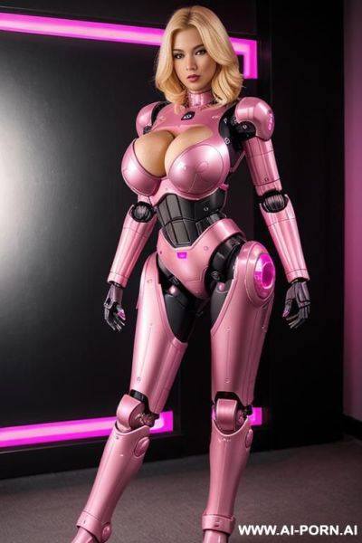 Blonde, full body view, huge robotic tits, fully pink robotic body, athletic body - ai-porn.ai on pornintellect.com