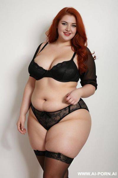 Full body photo shot, about at elegant art gallery, obese bbw curvy with love handless and tummy, she is 20 years old, wearing a sexy and hot ((red)) gartert belt stocking lingeries. - ai-porn.ai on pornintellect.com