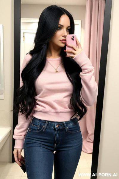 Woman long hair tight jeans pink sweatshirt selfie photo in the mirror - ai-porn.ai on pornintellect.com