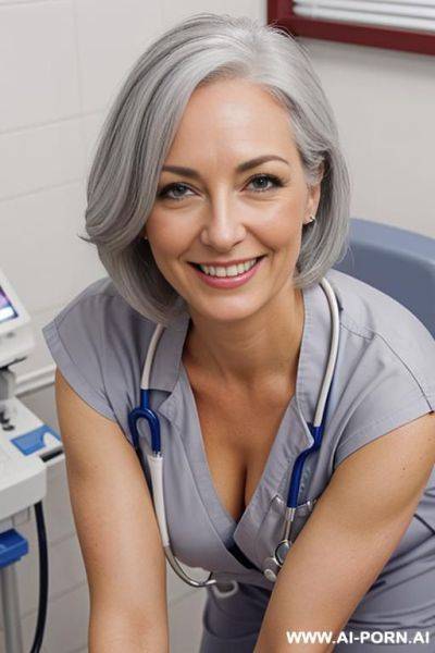 (close up) (nurse) (scrubs) (nip slip) (medical exam room) (bending down) (smiling) - ai-porn.ai on pornintellect.com