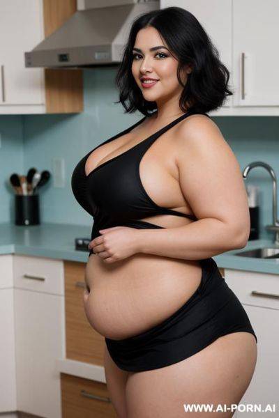(pallid white skin), wearing only a tight red apron, pear shaped plump bbw, rotund, soft, short black shiny lush hair, ultra wide hips, big belly, soft beautiful delicate face, massive beautiful - ai-porn.ai on pornintellect.com