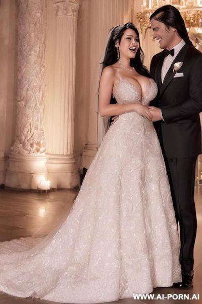 ((((douglas and regina)))) ((((handsome groom and dazzling bride)))) ((((couple portrait)))) ((((high quality picture)))) ((a woman with long straight black hair)) ((my dream cheating wife)), ((((gigantic cleavage)))), ((((busty strabic lady))) - ai-porn.ai on pornintellect.com