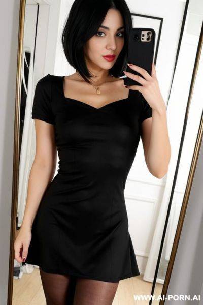 Woman short dress black tights selfie photo in the mirror - ai-porn.ai on pornintellect.com