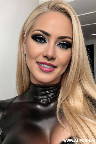 Bitch mother, bitch milf, dominate, bdsm, long blond hair, heavy make up, photo realistic, seductive smile, fuck me eyes, - ai-porn.ai on pornintellect.com
