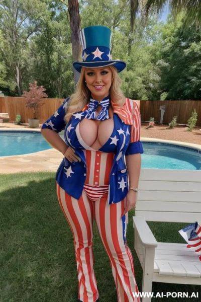 Photo realistic, chubby blonde milf, massive tear drop breasts, sexy make up, full body view, ((keep face and body)), in backyard, near pool, at cookout, - ai-porn.ai on pornintellect.com