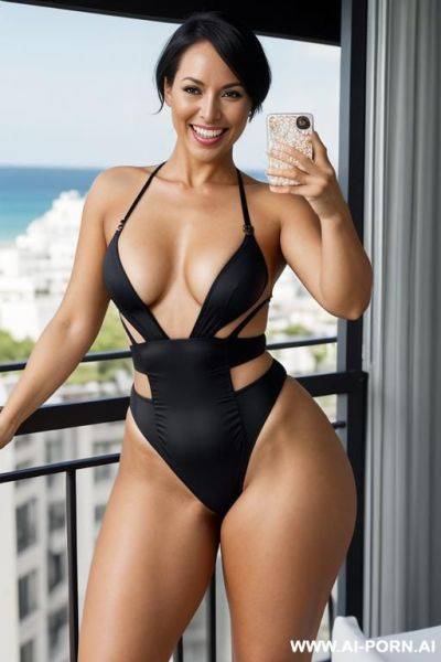 (((wide thighs))), (((thick thighs))), very micro swimsuit, high-cut leotard, (((cut above the waist))), (((high-cut))), (((very-high-cut))), (((ultra-high-cut))), shoes, full shot view - ai-porn.ai on pornintellect.com