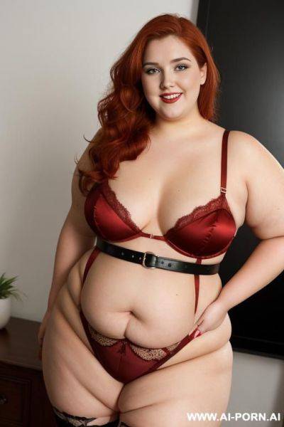 Full body photo shot, about at elegant art gallery, obese bbw curvy with love handless and tummy, she is 20 years old, wearing a sexy and hot ((red)) gartert belt stocking lingeries. she is obese, standing with legs slightly apart. - ai-porn.ai on pornintellect.com