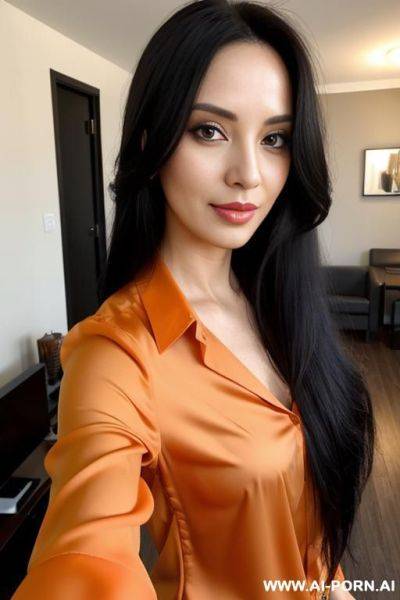 Woman long hair orange blouse selfie - ai-porn.ai on pornintellect.com