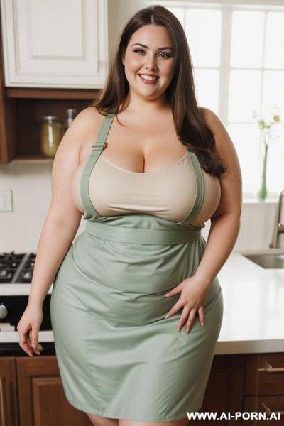 Bbw brunette, massive hips, housewife, super plump, wesrning tight apron accentuating curves, happy - ai-porn.ai on pornintellect.com