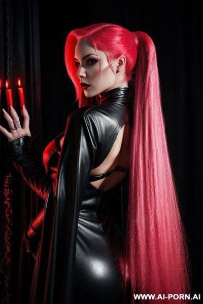 Mysterious dhampir woman, skin, long pink hair in a high ponytail, wearing a black and red leather necromancer robe, sexy pose, gothic and dark atmosphere, surrounded by skulls and dark energy - ai-porn.ai on pornintellect.com