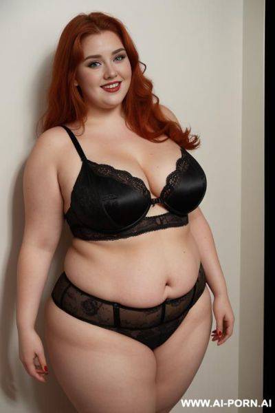 Half body photo shot, about at elegant art gallery, obese bbw curvy with love handless and tummy, she is 20 years old, wearing a sexy and hot ((red)) gartert belt gothic lingeries. she is obese, standing with legs slightly apart. - ai-porn.ai on pornintellect.com