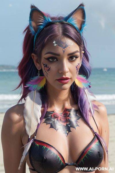 Face, sexy, beautiful, ((face painting)), ((bikini as seashell)), ((tattoo roses)), ((eyes shw)), ((angel wings)), ((rainbow hair)), ((long bu hair)), ((wind)), (( cat face)), (( cat ears)), (((feather - ai-porn.ai on pornintellect.com