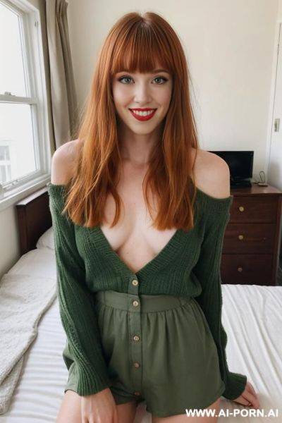 Sexy american sister, beautiful long ginger hair, bangs, gorgeous green eyes, pretty make up, nice full natural breasts, stunning face, pretty delicate features, high cheek bones, red lips, full - ai-porn.ai - Usa on pornintellect.com