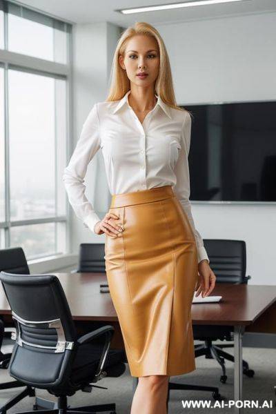 ((white business executive)), (tall slender natural body, beautiful face, long legs, long blonde hair), (dominant face), (elegant revealing pencil skirt and blouse), (standing in the board room) - ai-porn.ai on pornintellect.com
