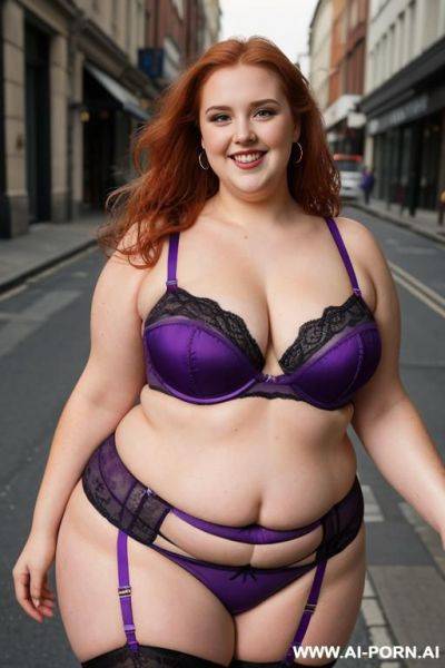 Half body photo shot, dynamic angle, about a street, obese bbw with love handless and tummy, she is 1, she is wet, wearing a sexy and hot ((purple)) garter belt lingerie. she is so obese and stand up. - ai-porn.ai on pornintellect.com