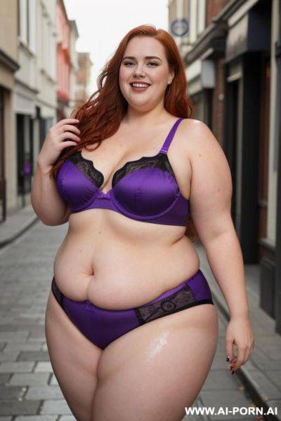Half body photo shot, dynamic angle, about a street, obese bbw with love handless and tummy, she is 1, she is wet, wearing a sexy and hot ((purple)) suite web lingerie. she is so obese and stand up. - ai-porn.ai on pornintellect.com